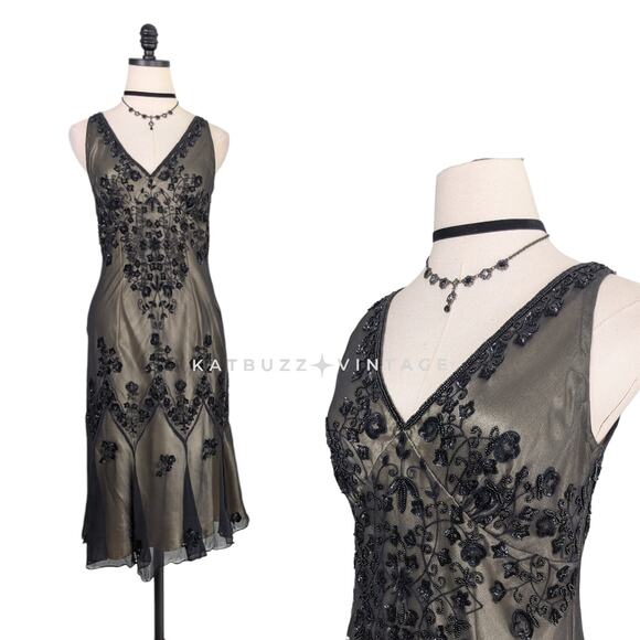 Vintage Scala Silk Dress Midi Gown M Black Brown Y2K Fairy Whimsigoth Gatsby - Picture 1 of 13